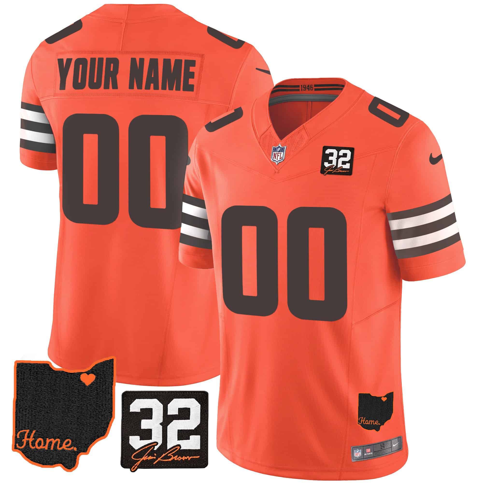 Men Cleveland Browns Orange 32 Jim Brown Memorial Home Patch Custom 2024 Nike NFL Jersey